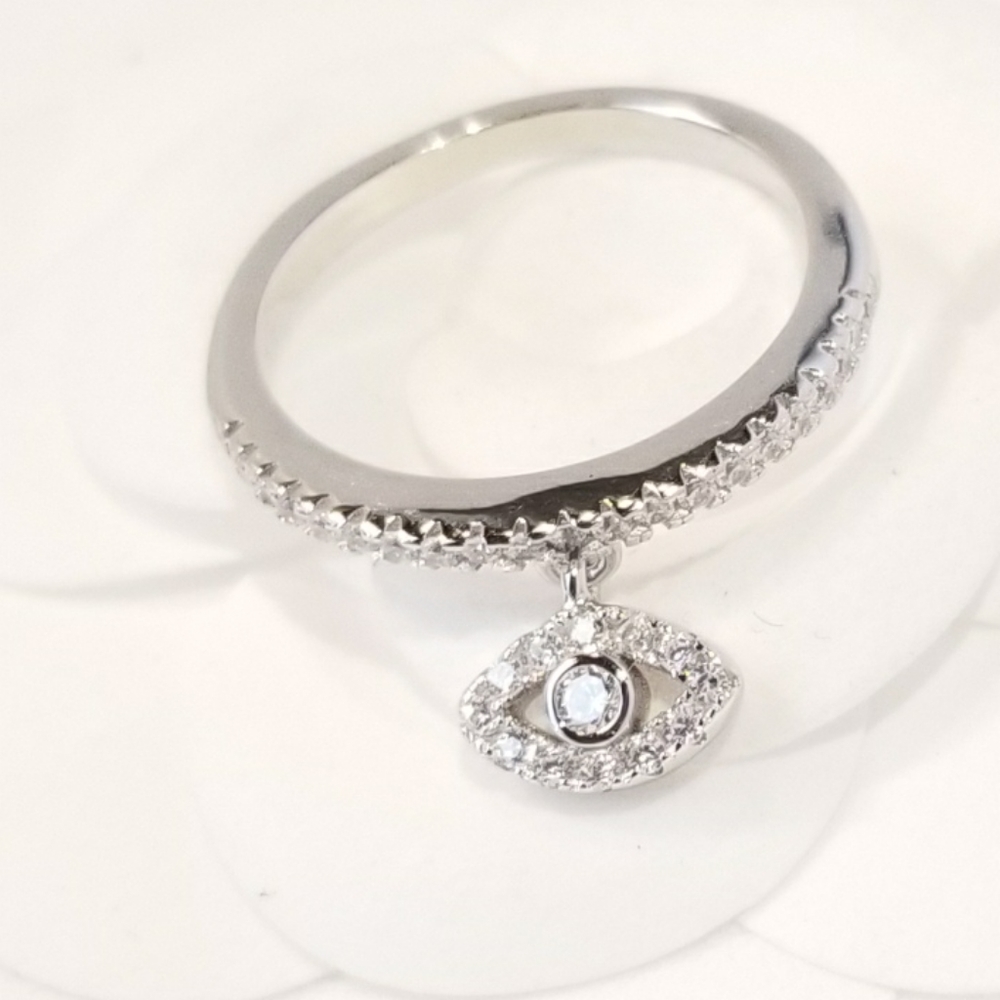 NEW Evil Eye Pave CZ Diamond Sterling Silver Ring